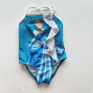 Disney Y2K Cinderella Blue and White One Piece Swimsuit with Ruffle Trim 6-12